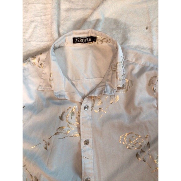Zeroyaa Mens Small Short Sleeve Button Up White Shiny Gold Paisley Shirt - Picture 5 of 16
